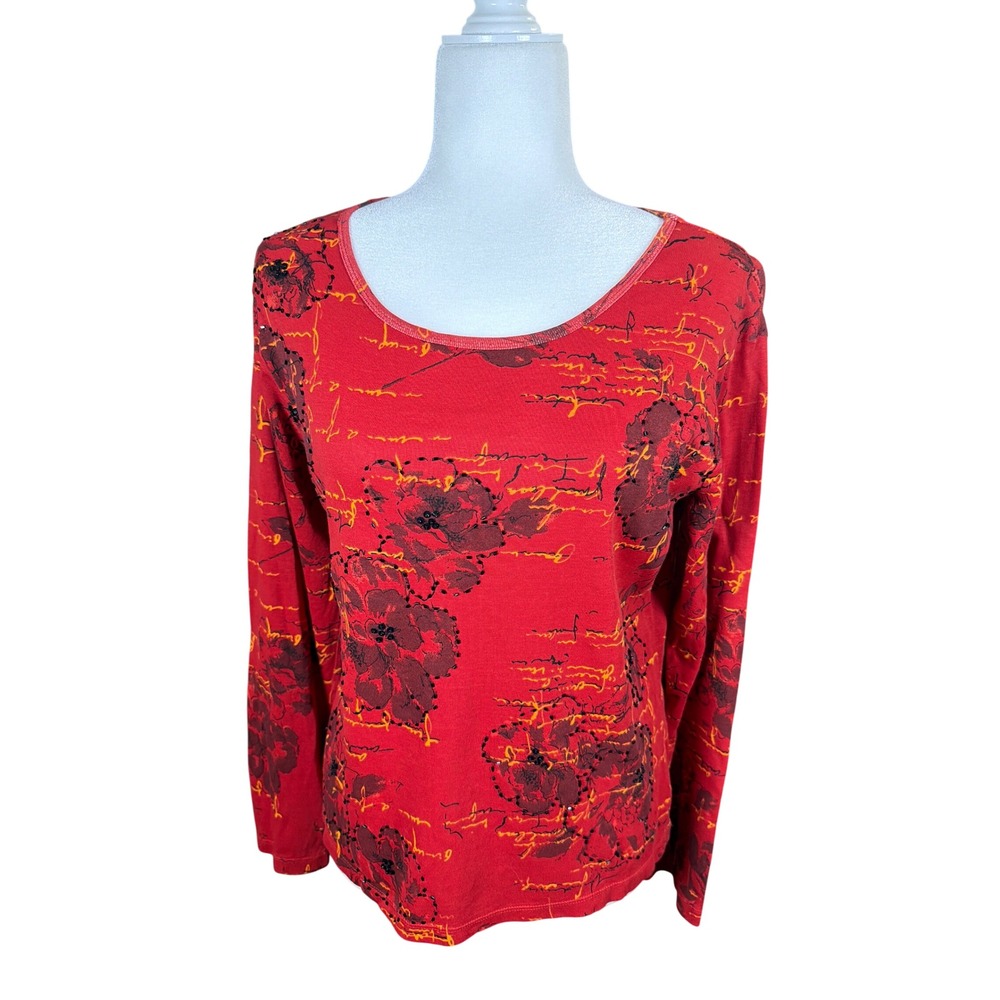 d/c Womens Red Floral Script Beaded Long Sleeve Cotton Top XL Artistic Boho